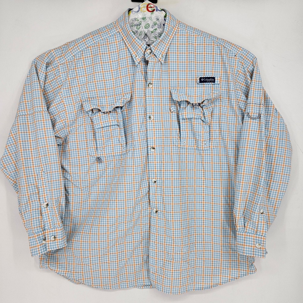 Columbia Shirt Mens XL Plaid Omni Shade Button Down Fishing Super Bahama